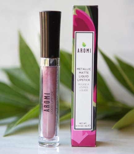 Aromi Dusty Rose Metallic Liquid Lipstick, Rosy Pink Lip Color, Shimmery Finish, Smudge Proof, Long Lasting, Waterproof, Vegan, Cruelty-Free, Handmade (Pixie Dust)