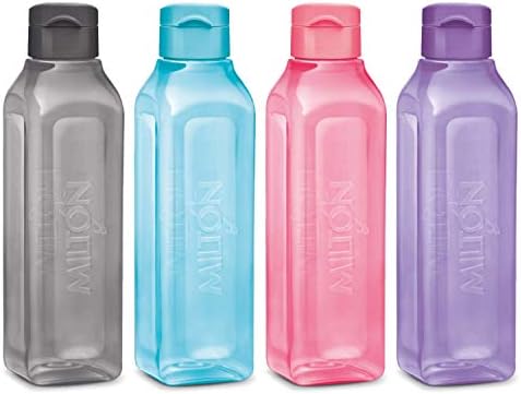 MILTON Sports Water Bottle Square Juice Box 4 Set 32 oz. Great for Juices Milk Smoothies Plastic Wide-Mouth Reusable Leak Proof Drink Bottle/Carton for School Bags Lunch Boxes Gym Flip Lid -BPA Free