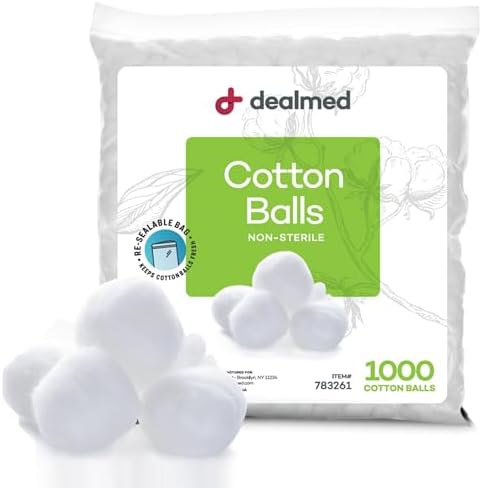 Dealmed 1000 ct. Cotton Balls for Face, Makeup, Medical Uses, & DIY Crafts | Non-Sterile Bulk Pack | Resealable Zip-Locked Bag | 100% Pure Cotton, Soft, Absorbent, Gentle (Pack of 1)