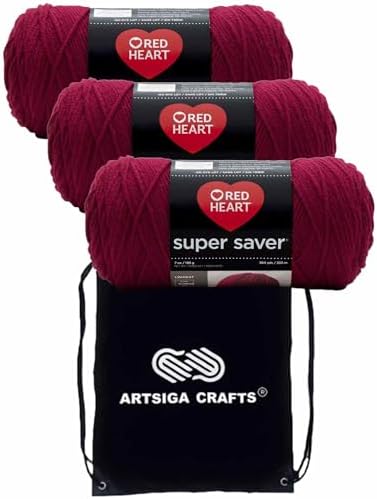 Red Heart Super Saver Burgundy E300-376 (3-Skeins - Same Dye Lot) Worsted Medium #4 Acrylic Yarn for Crocheting and Knitting with Project Bag