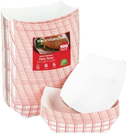 Small Paper Food Boats (100 Pack) 1 Lb Disposable Red & White Checkered Paper Food Trays, Eco Friendly Paper Food Trays, Serving Boats for Concession Food & Condiments, Paper Nacho Trays 4.25" x 2"