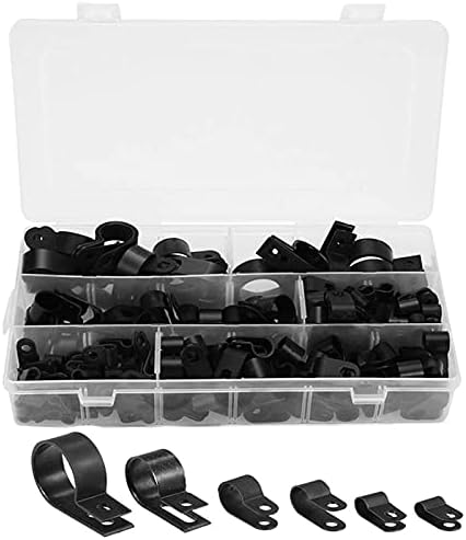 Orgrimmar 200 Pcs Black Nylon Plastic R-Type Cable Clamps 3/16" 1/4" 3/8" 1/2" 3/4" 1" Clips Fasteners Assortment for Cable Conduit