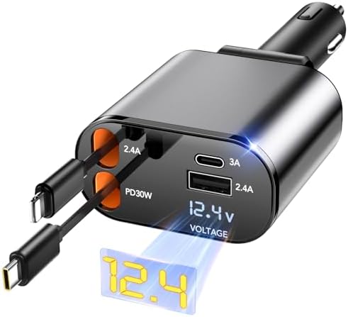 Retractable Car Charger, 4 in 1 Fast Car Phone Charger 66W, 2 Retractable Cables and USB Car Charger, Compatible with iPhone 16/15/14/13/12/11,Galaxy,Pixel