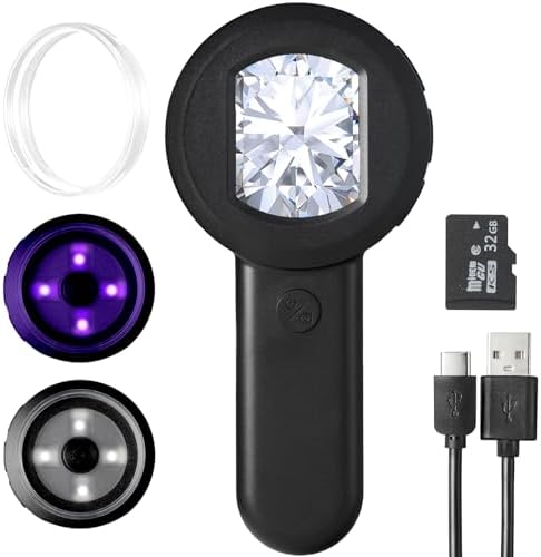 Digital Magnifier 100X Handheld Magnifying Glass with 2inch IPS Screen, White &Purple Light and Camera Function for Insects Stamps Coins Jewelry-(32GB TF Card Included, Mac/Windows Compatible)