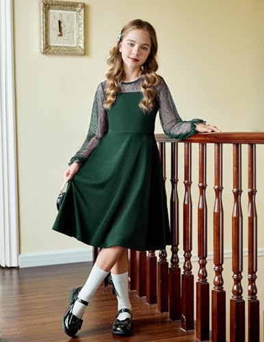 Arshiner Girl's Sheer Mesh Lantern Long Sleeve Green Christmas High Waist Elegant Party Short Dress 11-12 Years