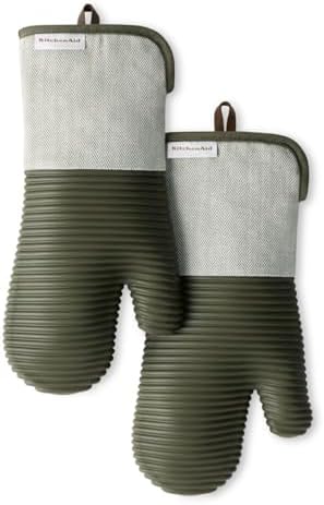 KITCHENAID® Evergreen Design Series Herringbone Ribbed Soft Silicone Oven Mitts 2-Pack Set, Heat Resistant up to 500°F, Flexible & Waterproof, Deep Forest Green, 7"x14"