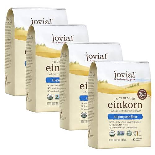Jovial Organic Einkorn Unbleached All Purpose Flour - Bread Baking Flour for Sourdough, High Protein, Non-GMO, Organic Pizza & Pasta Flour, European Italian Flour, Glyphosate Free - 32 Oz, 4 Pack