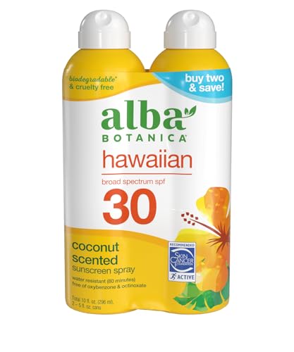 Alba Botanica Hawaiian Coconut Sunscreen, Spray Broad Spectrum SPF 30 Sunscreen, Water Resistant and Biodegradable 5 fl oz Bottle (Pack of 2)