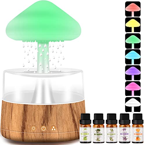 Rain Cloud Humidifier Water Drip with 5 Essential Oils, Cloud Diffuser with 7 Changing Colors Night Lights, Mushroom Humidifier Desk Bedside Water Drop Sound, Wood