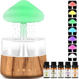 Rain Cloud Humidifier Water Drip with 5 Essential Oils, Cloud Diffuser with 7 Changing Colors Night Lights, Mushroom Humidifier Desk Bedside Water Drop Sound, Wood