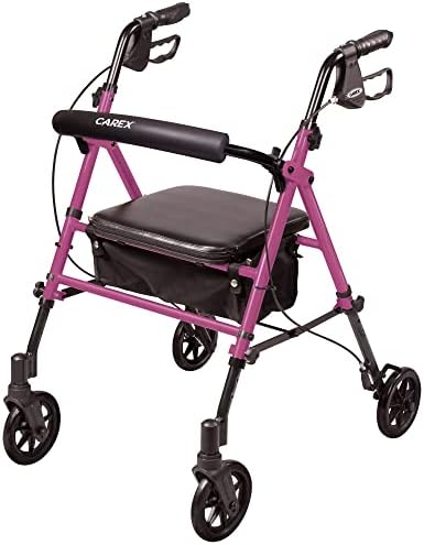 Carex Step 'N Rest Aluminum Rolling Walker For Seniors, Pink - Rollator Walker With Seat - With Back Support, 6 Inch Wheels, 250lbs Support, Lightweight
