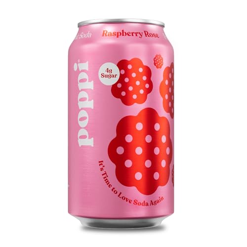 Poppi Sparkling Prebiotic Soda Beverage with Apple Cider Vinegar, Seltzer Water and Fruit Juice, Raspberry Rose Flavor, 12 oz, Pack of 12, Packaging May Vary