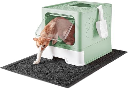 Cat Litter Box with X-Large Litter Mat and Scoop, Large Foldable Litter Box with Lid, Front Top Entry Exit Kitty Litter Box, Odor Control Easy Clean (Upgrade Green)