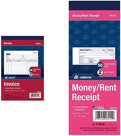 Adams Invoice Book, 2-Part, Carbonless, 5-9/16 x 8-7/16 Inches, 50 Sets per Book (DC5840) & Money and Rent Receipt Book, 2-Part, Carbonless, 2.75 x 7.19 Inch, 50 Sets, White and Canary (DC2701)