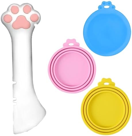 Sheldamy Silicone Pet Food Spoon with 3 Pack Can Cover Lids，Standard Size Tops，Multi-Function for Dog Cat Food Can (Pink White Set A)