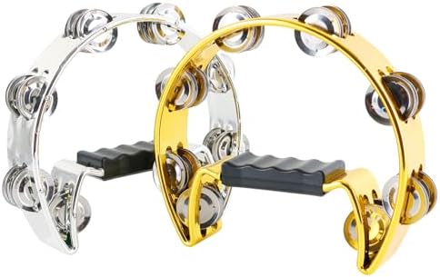 EASTROCK Tambourine Music Percussion Instrument Single Row Metal Bell Handheld Half-Moon Tambourine Chrome Plated Handdrum Metallic Texture for Adults KTV Party Band 2 Pack