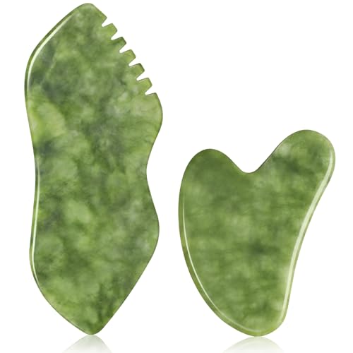 2PCS Jade Stone Gua Sha Set Face Massager Jade Gua Sha Facial Tools Body Lymphatic Drainage Massager Face Guasha Face Sculpting Tool Skin Care Set Gifts for Women Gua Sha Sculpting for Tighten Skin