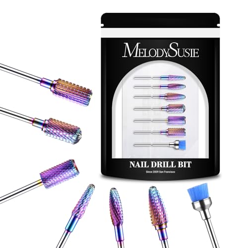 MelodySusie Nail Drill Bits Set, 7pcs Tungsten Carbide Diamond Nail Drill Bits for Acrylic Nails Poly Gel Cuticle Remove, 3/32'' Professional Nail Bits for Nail Drill Efile (A-Colorful)