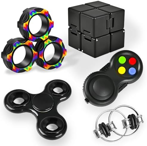 5Pcs Fidget Toys Adults Set, Autism Sensory Pack with figette Cube Magnetic Rings Pad ADHD Stress Relief for Kids Teen, Cool Gadget Desk Spinner Christmas Stocking Stuffer