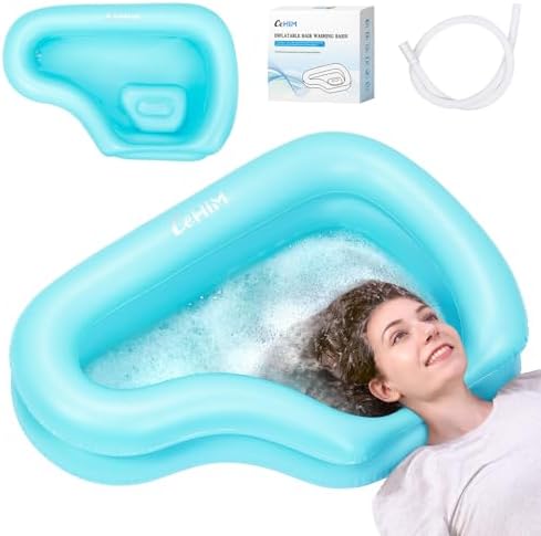 Portable Inflatable Shampoo Basin for Bedridden & Elderly - Zero Pooling Design | Fast-Drain Slope & Neck Support | Portable Hair Wash Bowl, Drain Hose | Hospital PVC | Home Use (Blue, Large)