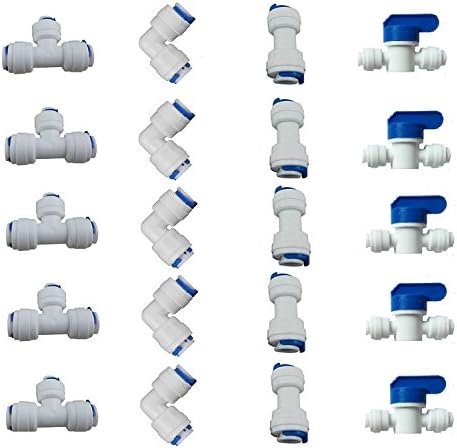 1/4" OD Quick Connect Push In to Connect for RO Water Reverse Osmosis System Water Tube Fitting Set Of 20 (ball valve+T+I+L Type Combo)