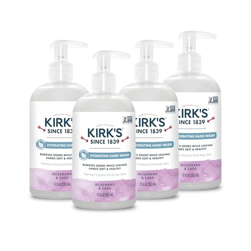 Kirk's Hydrating Hand Wash - Made with Premium Coconut Oil and Aloe Vera, With Plant Based Technology To Help Eliminate Odors, Non GMO, Vegan, Rosemary & Sage, 12 Fl Oz. 4 pack