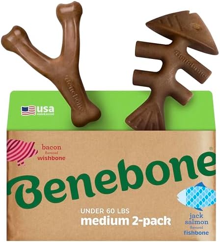 Benebone 2-pack Fishbone/Wishbone Durable Dog Chew Toys, Real Fish, Real Bacon, Made in USA, Medium