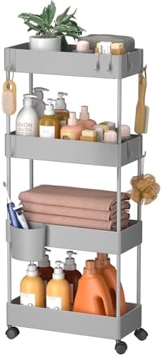Pipishell Slim Storage Cart with Wheels, 4 Tier Bathroom Storage Organizer Rolling Utility Cart for Bathroom Kitchen Laundry Room Office Narrow Place (Gray)