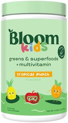 Bloom Nutrition Superfood Greens Powder for Kids, Digestive Enzymes, Probiotics, Prebiotics, Gut Health, Chlorella, Green Juice Mix w/Beet Root Powder (25 Servings (Pack of 1), Tropical Punch)