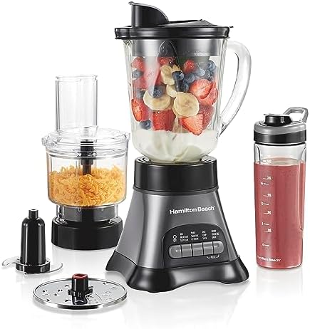 Hamilton Beach Blender and Food Processor Combo – 40oz Glass Jar, Portable Travel Cup, 3-Cup Electric Food Chopper, 700W – Gray/Black (58163)