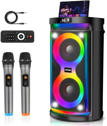 Karaoke Machine for Adults with Dual 6.5-Inch Subwoofers and 2 Wireless Microphones, Portable Bluetooth Karaoke Speaker with Bass/Treble Adjustment, LED Lights, Supports TWS/USB/TF/REC/FM/AUX