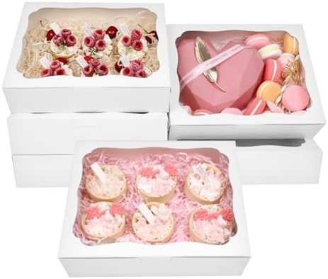 24pcs10x8x2.5 Inch White Bakery Boxes Treat Boxes with Window for Pastry, Cookie, Desserts, Chocolate Strawberries, Pies, Donuts, Muffins,Cupcake