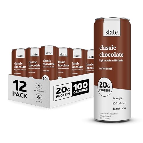 Slate Milk - High Protein Milk Shake - Classic Chocolate - Lactose Free, 20g Protein, 1g Sugar, 100 Calories, 2g Net Carbs, No Added Sugar - Natural, Breakfast Boost, Post Workout - 11 fl oz, 12 Cans