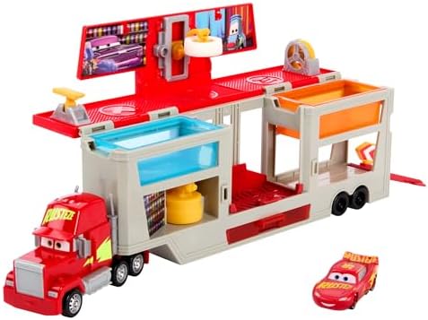 Mattel Disney Pixar Cars Transforming Truck & Toy Car Playset, Color Changers Paint Shop Mack with Detachable Cab, Lightning McQueen & Accessories