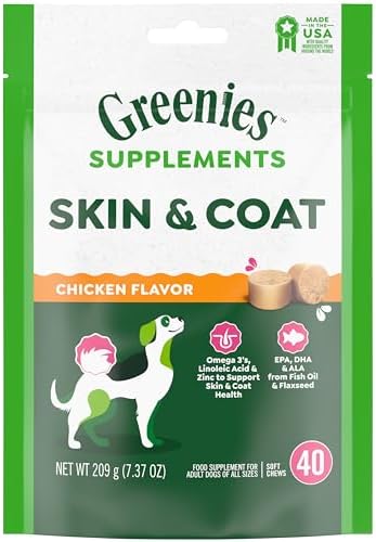 Greenies Supplements Dog Skin and Coat Supplements with Fish Oil & Omega 3 Fatty Acids, Chicken Flavor, 7.37 oz., 40-Count Soft Chews