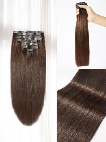 LUVME Seamless Clip in Hair Extensions Human Hair, 16 Inch 135g 9pcs Dark Brown Hair Extensions Clip in Human Hair Silky Straight Remy Human Hair Extensions
