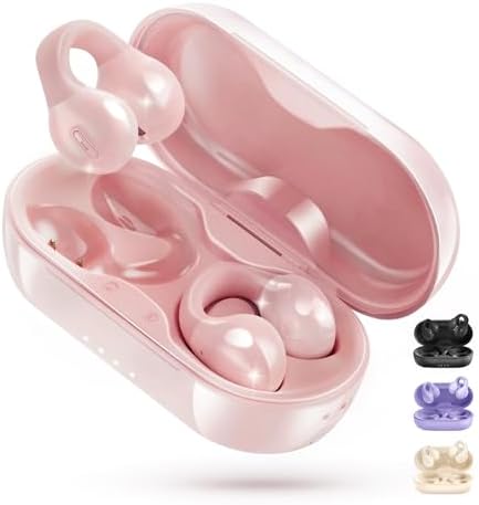 King Lucky i21 Open Ear Clip On Earbuds Wireless Bluetooth Ear Clip Headphones with Mic, Noise Cancelling, Waterproof IPX4, for Small Ears, Perfect for Running, Sports, and Glasses Wearers (Pink)