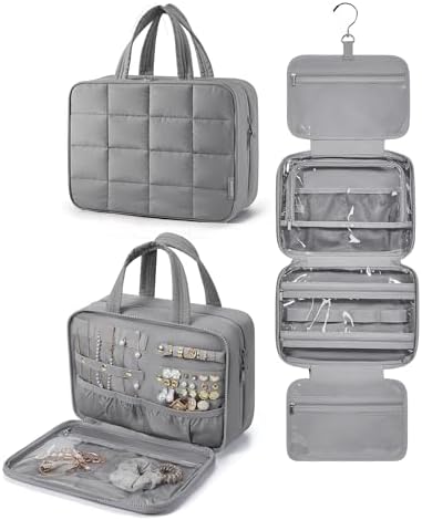 BAGSMART Travel Toiletry Bag with Jewelry Organizer, Hanging Travel Bag for Toiletries, Puffy Makeup Cosmetic Bag Organizer, Carry-on Travel Accessories Essentials, Grey-M