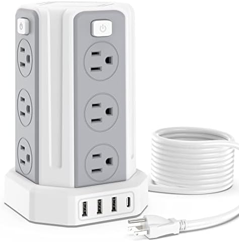 SMALLRT Power Strip Surge Protector, 10 Ft Extension Cord with 12 AC Multiple Outlets 4 USB (1 USB C), Power Tower Desktop Charging Station