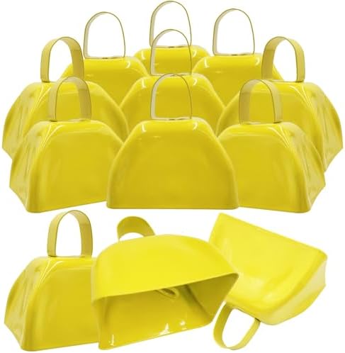 The Dreidel Company Metal Cowbell Noisemaker Cheering Bell, New Years, School Classroom, Wedding Bells & Chimes Percussion Musical Instruments Call Bell Alarm, 3" (Yellow, Pack of 12)