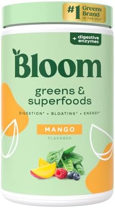 Bloom Nutrition Superfood Greens Powder, Digestive Enzymes with Probiotics and Prebiotics, Gut Health, Bloating Relief for Women, Chlorella, Green Juice Mix with Beet Root Powder, 25 SVG, Mango