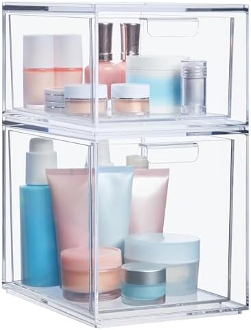 STORi Audrey Stackable Clear Bin Plastic Organizer Drawers | 2 Piece Set | Organize Cosmetics and Beauty Supplies on a Vanity | Made in USA