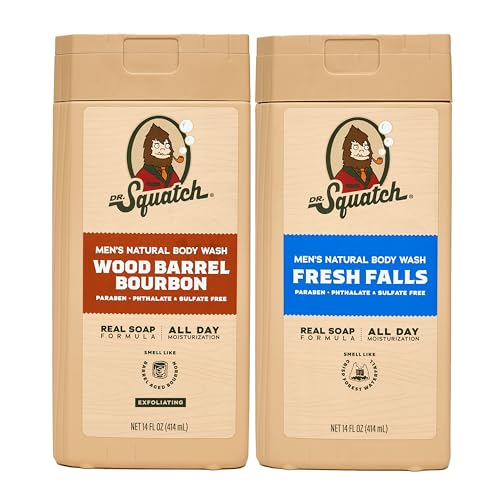 Dr. Squatch NEW Natural Body Wash for Men - Exfoliating and Non-Exfoliating - Wood Barrel Bourbon + Fresh Falls (14 oz, 2 Pack)