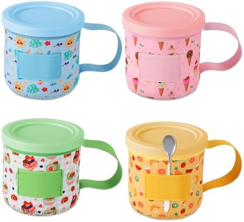 4pcs Ice Cream Pint Sleeves, Neoprene Prints Reusable Insulated Sleeve Cover with Handle Spoon Holder for Ninja Creami 16oz Ice Cream Pints (4 Styles)