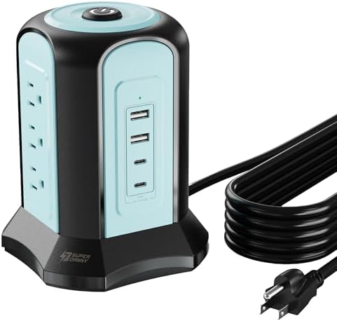 Power Strip Tower Surge Protector, SUPERDANNY Desktop Charging Station, 10 Ft Extension Cord, 9 Outlets, 4 USB Ports, 1080 Joules, 3-Prong, Grounded, Multiple Protections for Home, Office, Blue