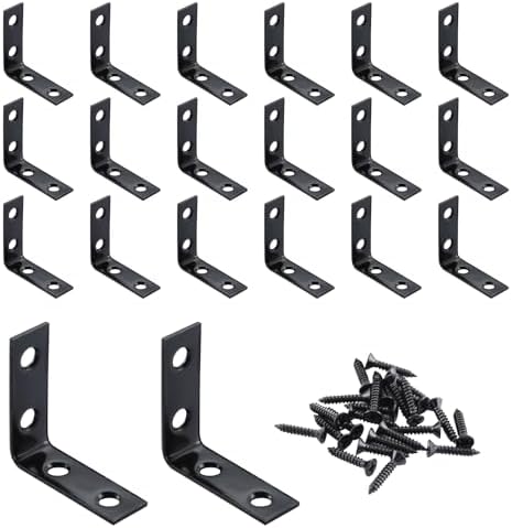 HOME MASTER HARDWARE L Bracket Corner Brace Sets, Stainless Steel Corner Bracket, 1-1/2 " Right Angle Bracket, Metal L Brackets for Shelves Wood Furniture Frame with Screws (20 Pack,Black)