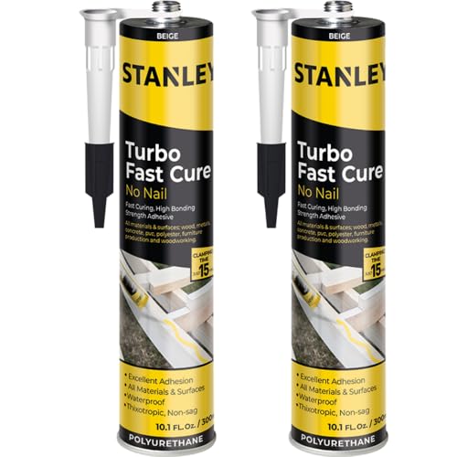 Stanley Turbo Fast No Nail Adhesive -2X10.1 fl.oz. - Polyurethane Heavy Duty Construction Adhesive for All Surface and All Materials, Waterproof, Instant GRAP, Weather Resistant, 2 Pack