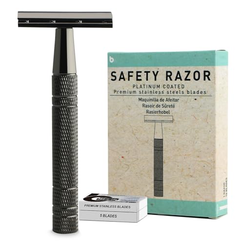 Double Edge Safety Razors for Men, with 10 Platinum Coated Double Edge Safety Razor Blades, Classic Single Blade Razor for Men Shaving, Reusable Metal Razors for Women, Gun Black