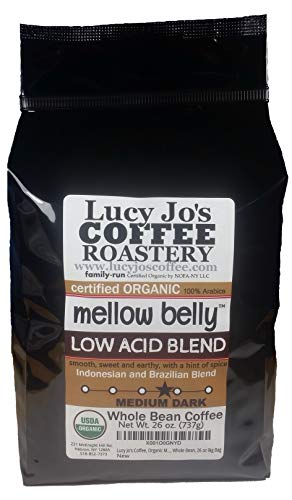 Lucy Jo's Coffee, Organic Mellow Belly Low Acid Blend, Medium Dark Roast, Whole Bean, 11 oz (26 OZ)