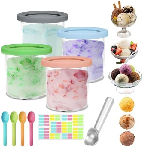 Creami Pints and Lids for Ninja, 4PCS Creamy Icecream Containers Cups Jars Tubs Canisters Set, Smoothie Pot Compatible with NC299AMZ & NC300s Series Creamer Ice Cream Maker Machine Accessories